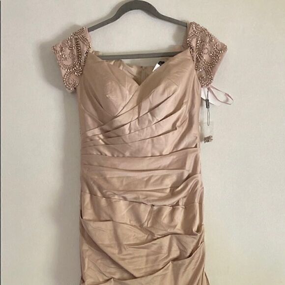 NWT LA Femme champagne colored ruched gown with beaded back and sleeves. - Picture 12 of 14